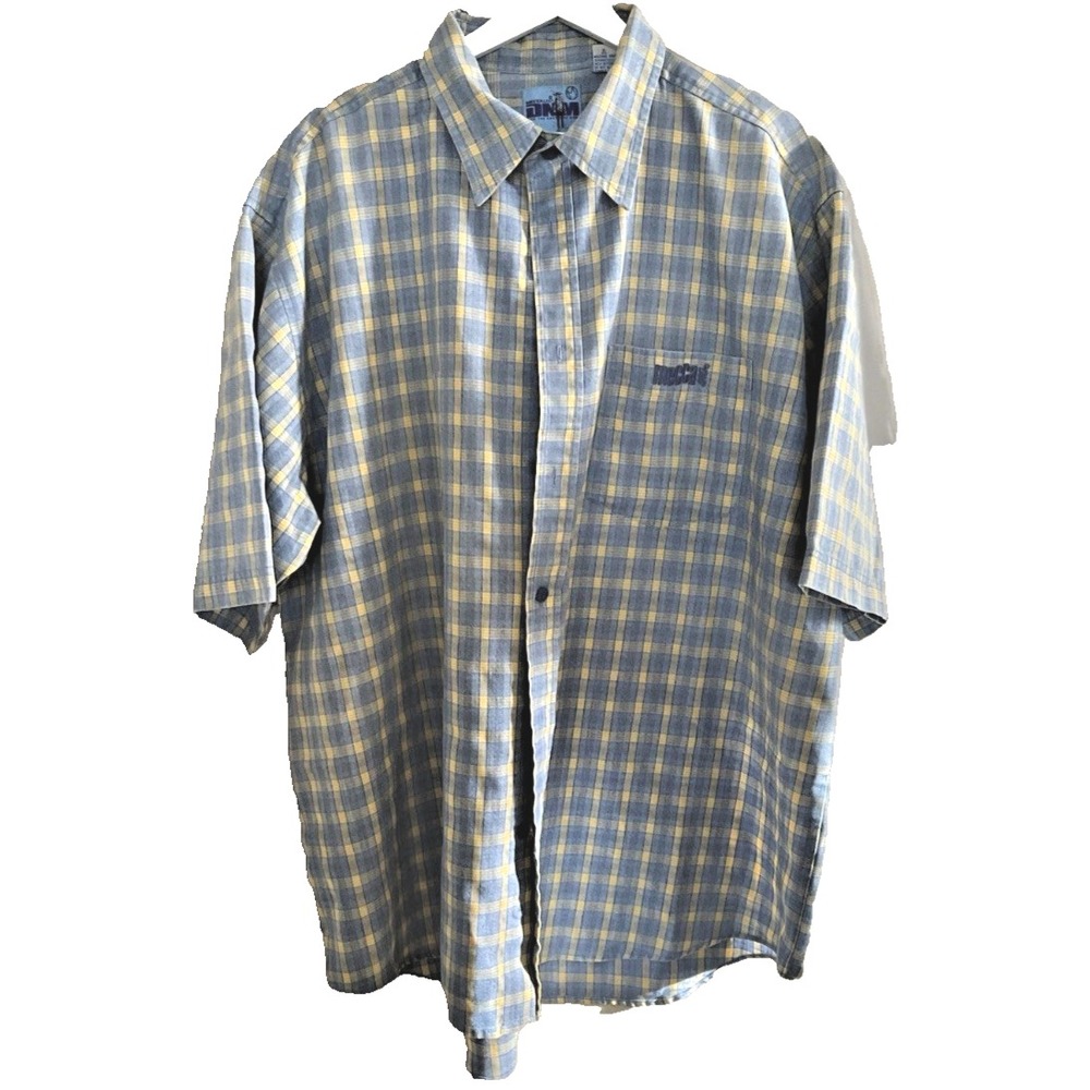 Mecca USA DMM XL Plaid Shirt Short Sleeve Button Down Blue Yellow Vintage
